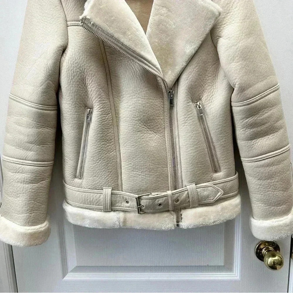 Topshop Cora Faux Shearling Moto Aviator Biker Jacket Cream Ecru Size 4 NWOT - Picture 6 of 16